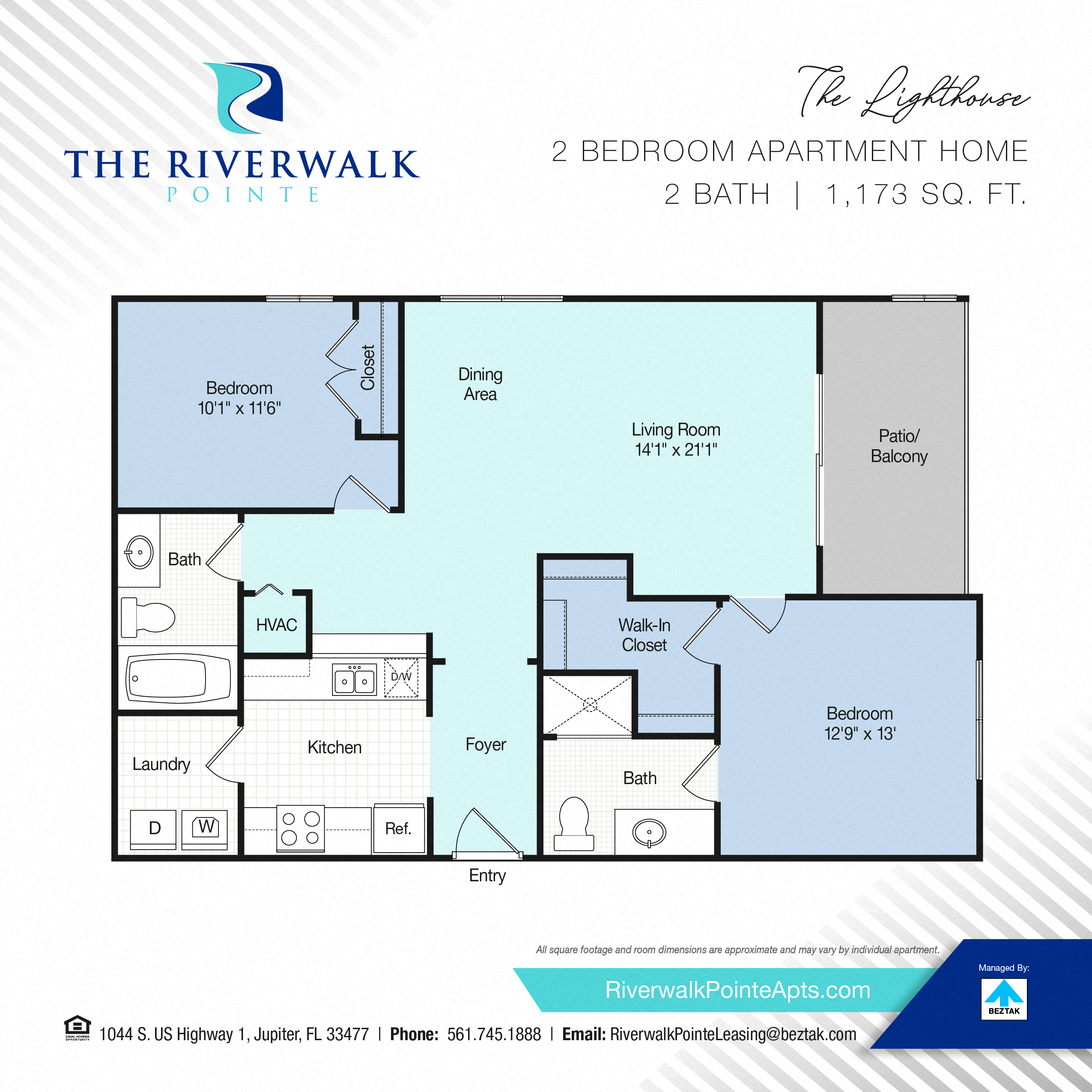 Floor plan for 2 beds, 2 baths, 1173 sqft